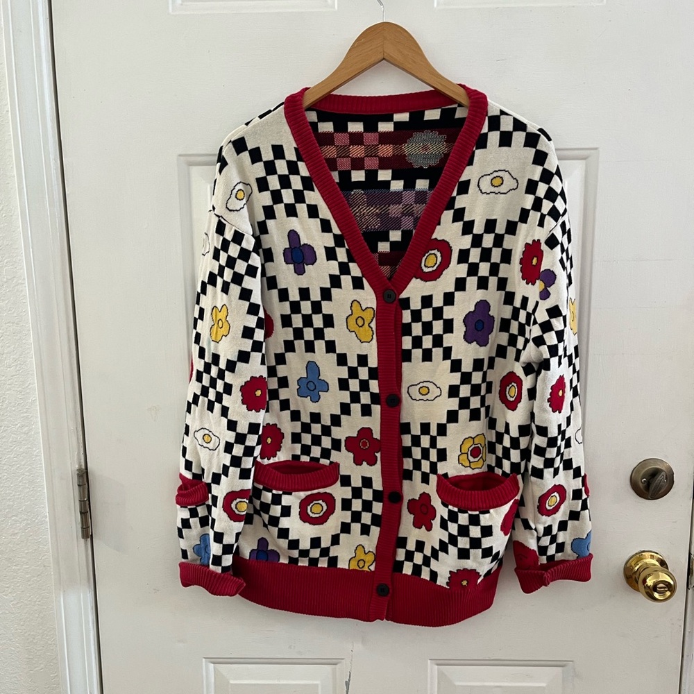 Checkerboard Floral Button-Up Cardigan with Red Trim